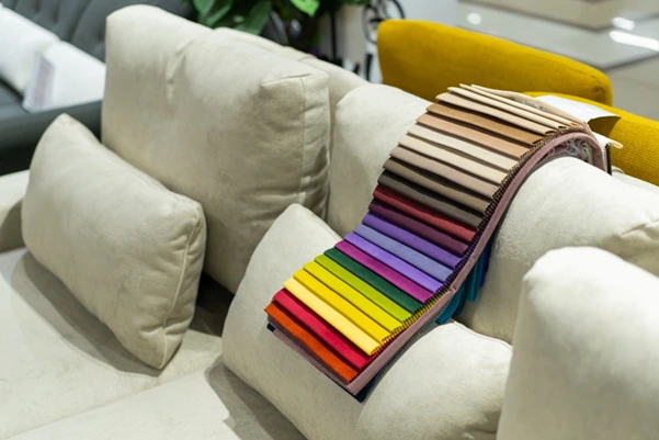 A colorful swatch of upholstery fabric samples for customization options A colorful swatch of upholstery fabric samples for customization options