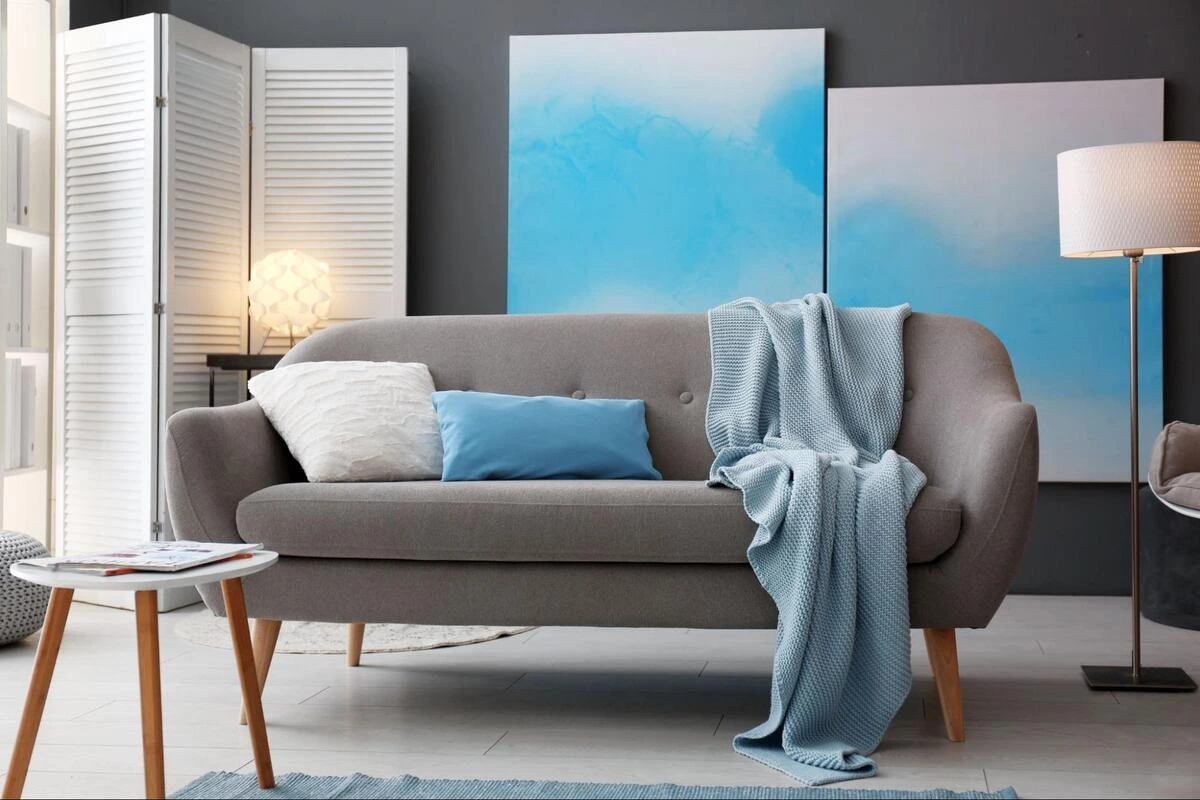 Modern Living Room Grey Sofa - Durable Upholstery Fabric Tips Modern living room with grey upholstered sofa and blue cushions showing durable sofa fabric selection for busy households