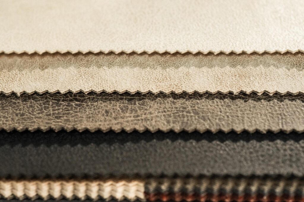 Stack of leather upholstery swatches in tan, brown and grey tones