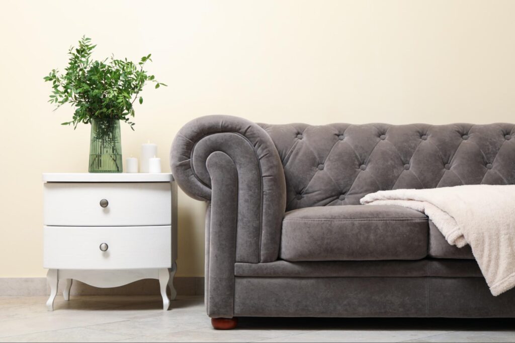 Grey tufted velvet sofa with a throw blanket against a neutral wall