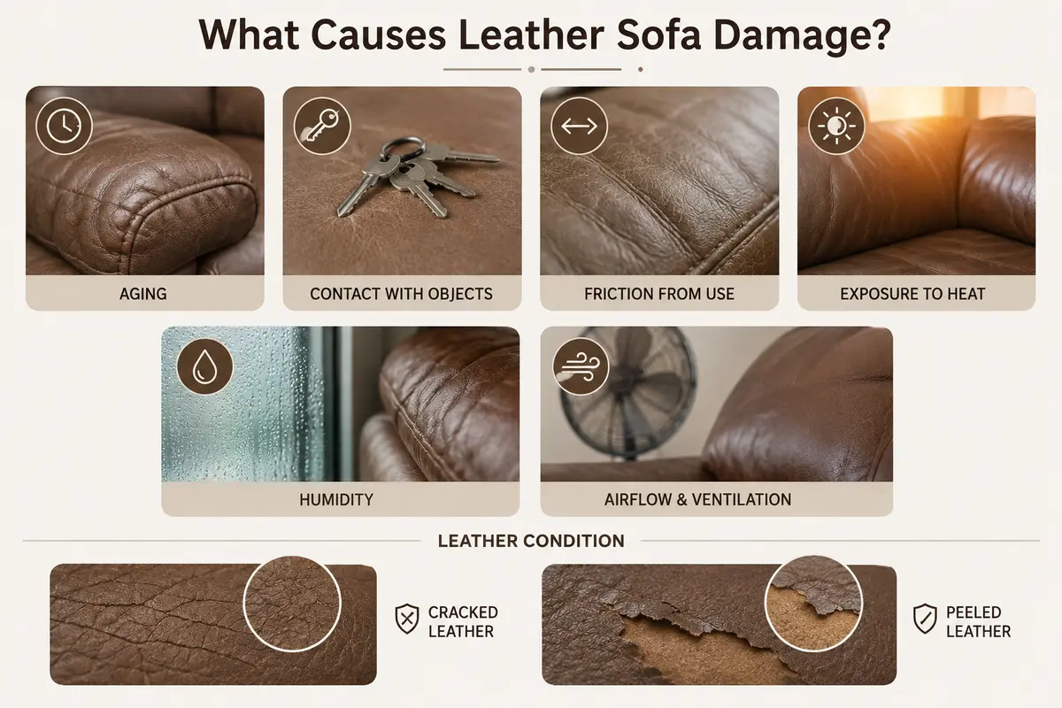 Infographic showing six causes of leather sofa damage, aging, contact with objects, friction, heat, humidity and poor airflow, with close-ups of cracked and peeled leather