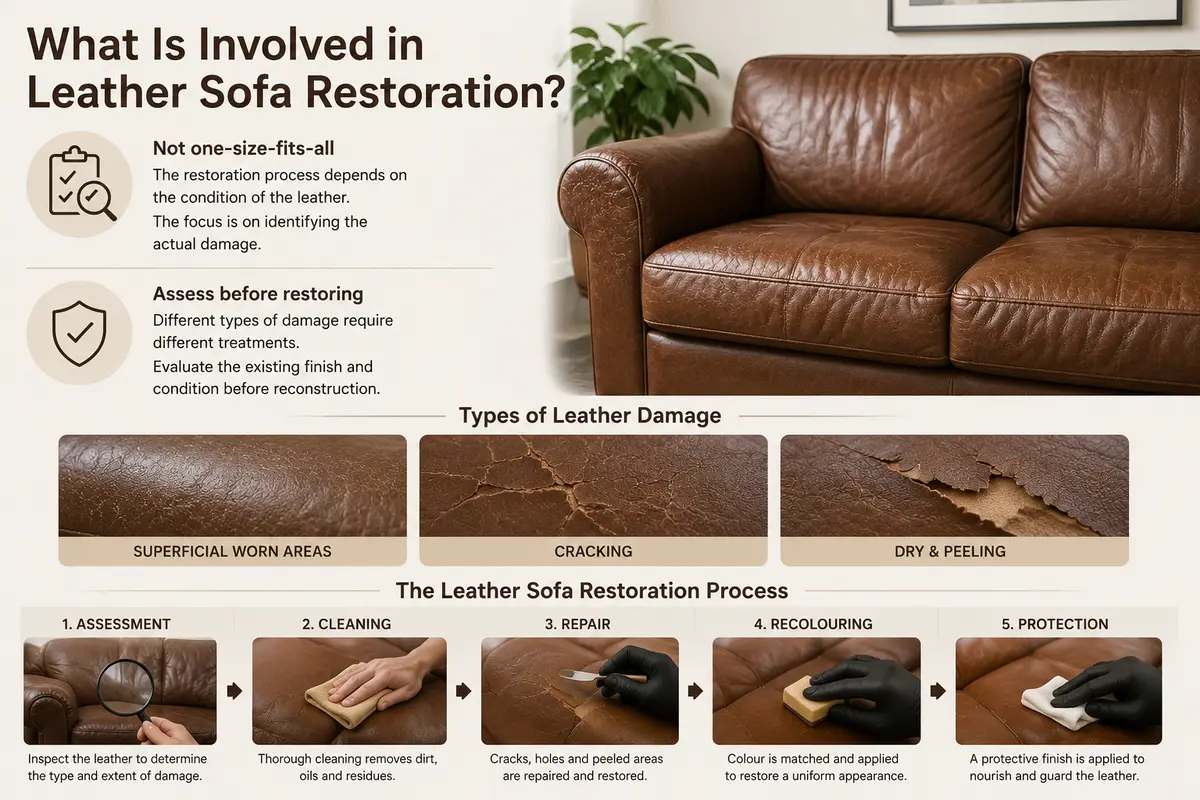 The Leather Sofa Restoration Process Infographic of the leather sofa restoration process in five stages